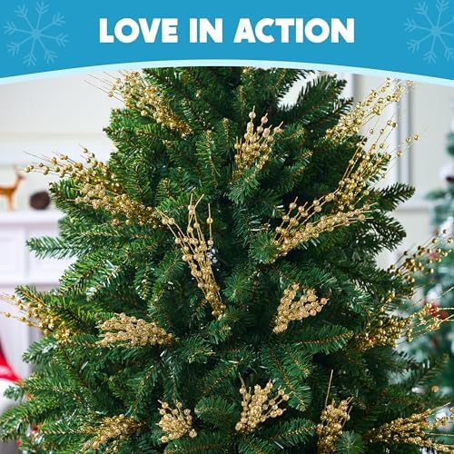 JOIEDOMI 12 Pcs Christmas Gold Glitter Berry Stems, 17'' Christmas Tree DIY Picks Branches, Gold Xmas Wreath Ornaments Glitter Twigs, Artificial Decorative Sticks for Party Home Wedding Holiday Decor