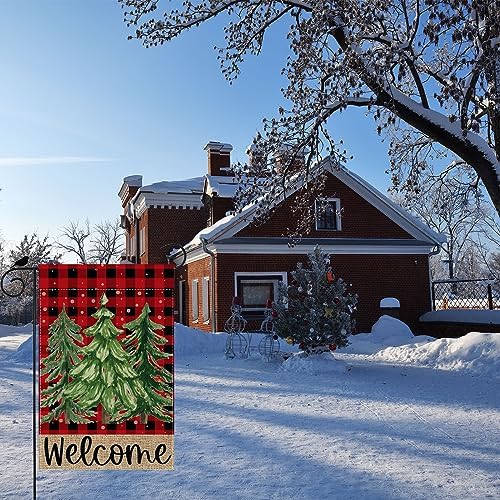 Welcome Christmas Red Tree Xmas Garden Flag Winter Small Burlap 12x18 Inch Vertical Double Sided Outside Yard Holiday Outdoor Farmhouse Decoration