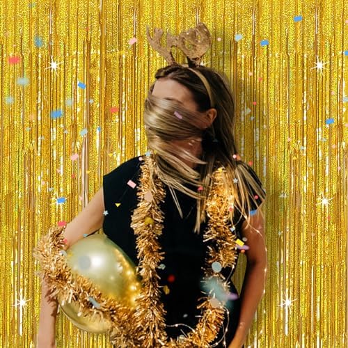 3 Pack Gold Backdrop Birthday Decorations Foil Curtain Backdrop Gold Streamers Dance Party Decorations Photo Booth Props for Bachelorette Decorations Christmas Halloween New Years Eve Party Supplies