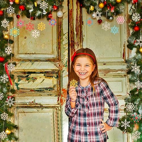100 PCS Snowflake Ornaments for Christmas Decoration, Wooden Cutouts Ornament for Hanging Embellishments and Craft DIY, Rustic Farmhouse Holiday Decor with Strings (100)