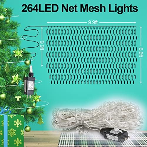 Green Halloween Christmas Net Lights Outdoor Decorations,9.9ft x 6.6ft 264 LED Indoor Twinkle Mesh Bush String Lights,IP44 Waterproof 8 Modes Fairy Netting,Low Voltage Plug-in for Garden,Patio