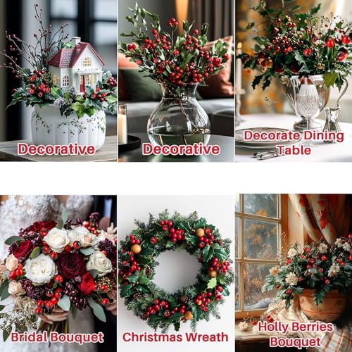MAQIHAN Artificial Holly Berries - 150 Pcs Christmas Holly Berries Stems for Crafts Faux Holly Berries Artificial Red Holly Berry Stems for Christmas Wreath Christmas Tree Table Kitchen Wall Decor