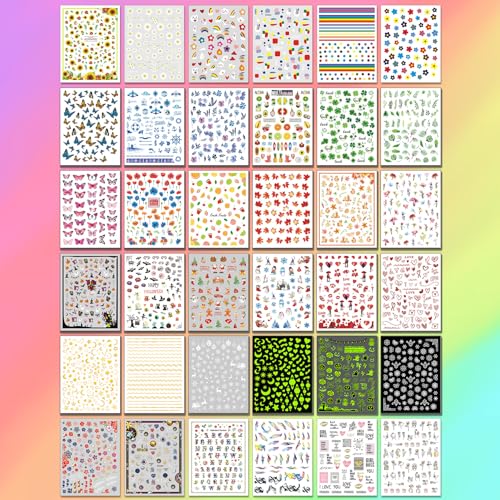 36 Sheets Varied Nail Art Stickers, All Holiday Variety Pack Seasonal Nail Decals, Self-Adhesive Pegatinas Uñas Colorful Design for Flowers Butterflies Luminous Star Halloween Christmas