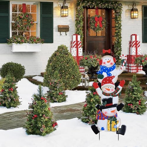 YEAHOME Outdoor Christmas Decorations, Stacked 3 Snowman Decorative Garden Stakes for Christmas Decor, Metal Yard Signs Xmas Decorations for Outside Garden Yard Lawn Porch Holiday Party