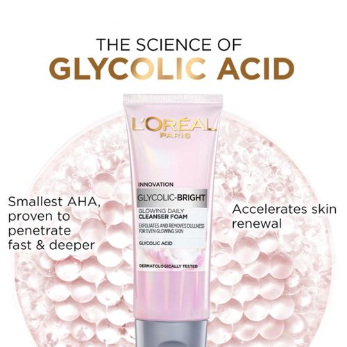 L'Oréal Paris Glycolic Bright Face Daily Foam Cleanser, Infused with Glycolic Acid to Exfoliate and Remove Dullness for Even Glowing Skin - 100ml