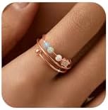 LOVECOM 14K Gold Plated Filled Fidget Rings With Opal S925 Sterling Silver Adjustable Open Anxiety Ring for Women Cute Stress Relieving Spinner Ring With Beads Jewelry Christmas Gifts for Mom