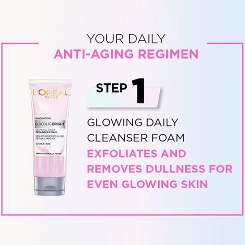 L'Oréal Paris Glycolic Bright Face Daily Foam Cleanser, Infused with Glycolic Acid to Exfoliate and Remove Dullness for Even Glowing Skin - 100ml