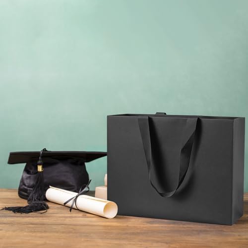 Xloey Black Gift Bags with Handles,6 Pcs 12.6"x4"x8.7" Black Gift Bag,Paper Shopping Bags with Ribbon Handles,for Merchandise Business,Retail,Valentine's Day, Birthday,Wedding,Christmas,Party