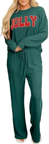 Women Pajamas Set Loungewear Ribbed Long Sleeve Top and Pants with Pockets Lounge Sweatsuit Set