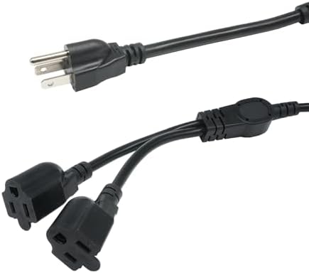 1.5 FT Extension Cord Splitter 1 to 2, 3 Prong Indoor Power Outlet Splitter, 16AWG Cable Wire Extender Space Saver for Halloween Lights, Christmas Decorations, Computer, Scanner, Black