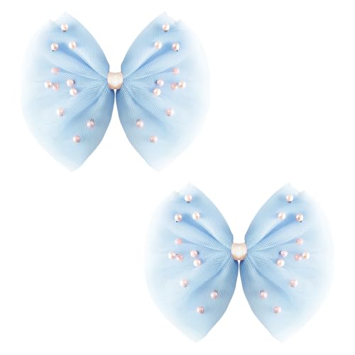 2 PCS Pearl Hair Bows Hair Clips for Toddler Girls - Elegant Ivory Lace Veil Hair Accessories for Birthday, Wedding, Halloween, Thanksgiving, and Christmas Occasions(Light Blue)