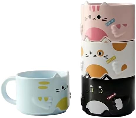 Stackable Mug Set of 4, Adorable Ceramic Coffee Mugs with Funny Cartoon Cat Designs, Perfect Gifts for Parties, Christmas, and Cat Lovers, 10 oz