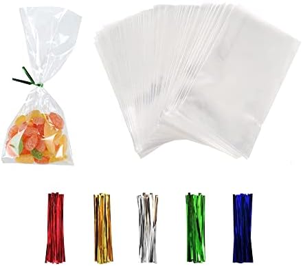 XLSFPY 100PCS Clear Cellophane Treat Bags with 100PCS Twist Ties, 3x4 OPP Rice Crispy Bags for Gift Goodie Favor Candy Cake Pop Birthday Party Cookies Christmas New Year Wedding Party (3'' x 4'')