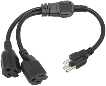 1.5 FT Extension Cord Splitter 1 to 2, 3 Prong Indoor Power Outlet Splitter, 16AWG Cable Wire Extender Space Saver for Halloween Lights, Christmas Decorations, Computer, Scanner, Black