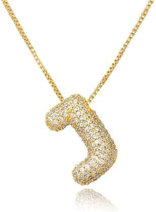 18K Bubble Letter Necklace Gold for Women, Chunky Gold Necklace Rhinestone Initial Necklaces as Christmas Birthday Gifts Charm Puff Name Pendant Alphabet Necklaces Non Tarnish Gold Plated Jewelry