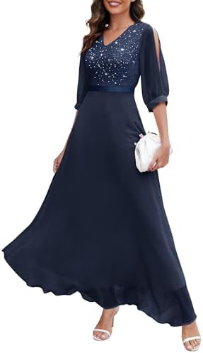 Wedtrend Women's Sequin Dresses Sparkly Glitter Dress Split Sleeves Formal Dresses Maxi Evening Dress