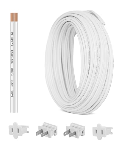 18 Gauge SPT-1 Wire 50FT, UL Listed 18 AWG 2 Conductor Zip Cord Hookup Stranded Copper 18/2 Wire with 4 Vampire Plugs for Landscape Lighting, Christmas, Indoor/Outdoor String Lamp Cord, White