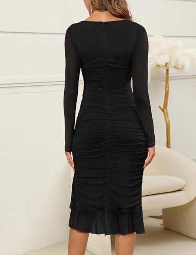 Zattcas Women's 2025 Spring Summer Sexy Ruched Bodycon Midi Dress Mesh Long Sleeve Ruffle Hem Cocktail Wedding Party Dress