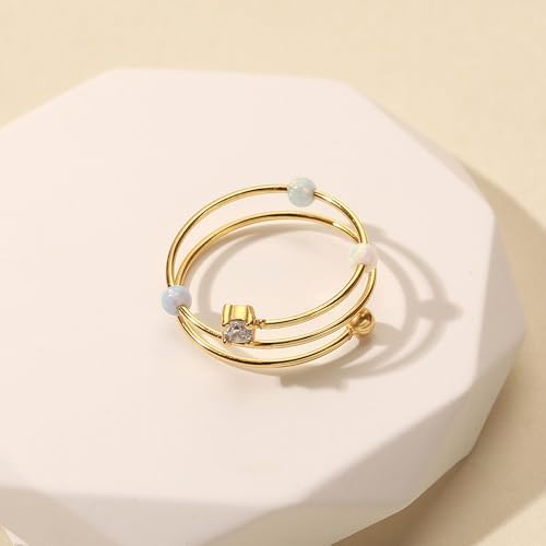 LOVECOM 14K Gold Plated Filled Fidget Rings With Opal S925 Sterling Silver Adjustable Open Anxiety Ring for Women Cute Stress Relieving Spinner Ring With Beads Jewelry Christmas Gifts for Mom