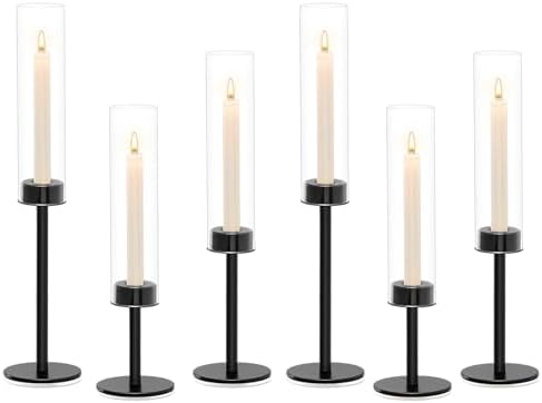 Black Hurricane Candle Holders Set of 6, Tall Metal & Windproof Glass Taper Candle Holders, Outdoor/Indoor Table Centerpieces for Weddings, Christmas, Parties, Fireplace Decor