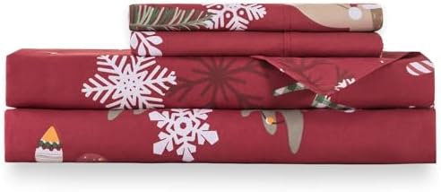 KACEMOO Queen Size Christmas Sheet Set, 4Pcs Red Deer Sheet Set, Deep Pocket Winter Warm Bed Sheet Set, Soft Brushed Microfiber Pattern Holiday Bedding Sheets