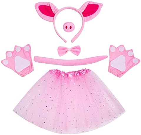 Pink Pig Costume Tutu Set Pig Ears Headband and Tail Nose Bow Tie Paws Tutu Skirt Animal Fancy Cosplay Accessories for Halloween Christmas Carnival Party