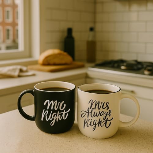 Triple Gifffted Mr Right Mrs Always Right Coffee Mugs Gifts Ideas for Couples, Wedding Anniversary, Engagement, Christmas, His & Hers, Bride and Groom, Parents, Newlyweds Bridal Shower, Ceramic 380ml