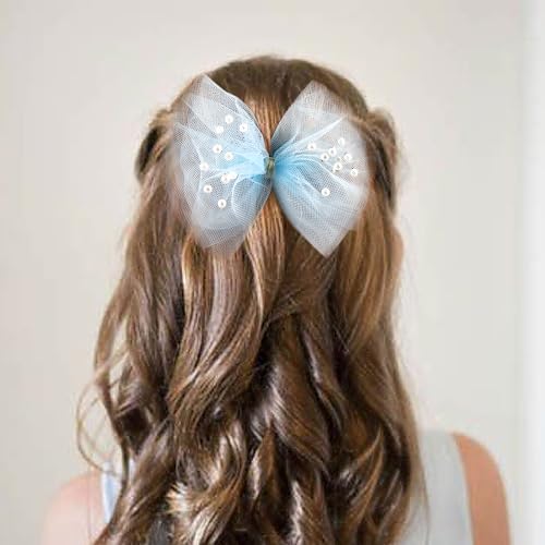 2 PCS Pearl Hair Bows Hair Clips for Toddler Girls - Elegant Ivory Lace Veil Hair Accessories for Birthday, Wedding, Halloween, Thanksgiving, and Christmas Occasions(Light Blue)
