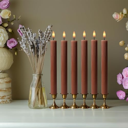 12 Pack, 10" LED Flameless Brown Tan Fluted Ribbed Grooved Taper Candles w/ 2 Remotes & 24h Timer Memory, On/Off Button, Dimmable, Flicker Mode, Battery Operated, Christmas Menorah Wedding