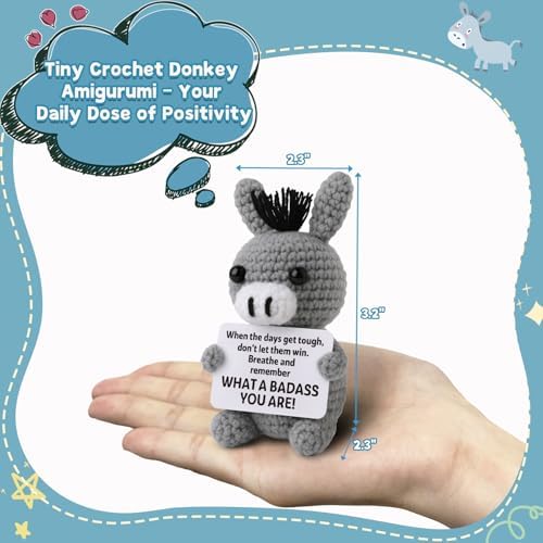 Funny Positive Badass Donkey Crochet Plush, Christmas Stocking Stuffer Motivational Gift for Coworkers, Best Friends – Emotional Uplifting Support Small Cute Crochet Stuffed Animals for Women Men