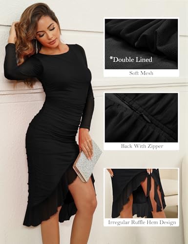 Zattcas Women's 2025 Spring Summer Sexy Ruched Bodycon Midi Dress Mesh Long Sleeve Ruffle Hem Cocktail Wedding Party Dress