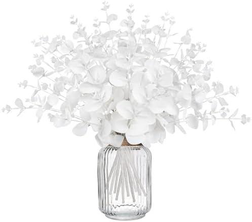 14PCS White Eucalyptus Artificial Faux Flowers for Decoration - Fake Silk Stems in Vase Christmas Holiday Winter Wedding Home Decor