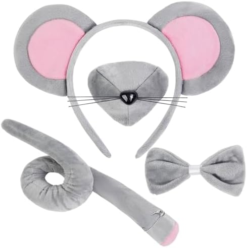WOVOWOVO Mouse Costume Accessory Set Halloween Rat Costume for Adult Kids, Gray Rat Ears Headband, Nose, Tail & Bow Tie Set for Animal Cosplay Dress Up Party Christmas