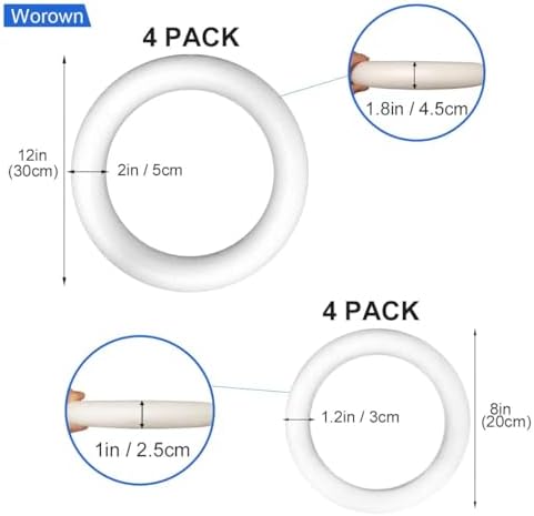 Worown 8 Pcs (8 & 12 Inch) Foam Wreath Forms, Foam Rings for Home Front Door, Christmas, Thanksgiving Day and Wedding Decorations
