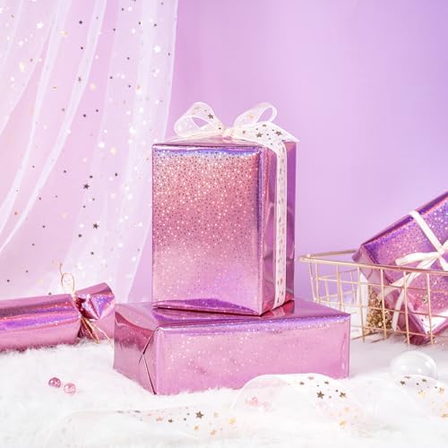 WRAPAHOLIC Pink Wrapping Paper Roll - Mini Roll - 17 Inch x 16.5 Feet - Metallic Holographic Star Wrapping Paper for Birthday, Wedding, Baby Shower, Bridal Shower, Christmas