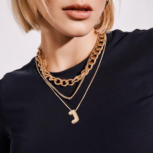 18K Bubble Letter Necklace Gold for Women, Chunky Gold Necklace Rhinestone Initial Necklaces as Christmas Birthday Gifts Charm Puff Name Pendant Alphabet Necklaces Non Tarnish Gold Plated Jewelry