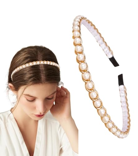 YARN & INK Women's Pearls Headbands Fashion Beaded Metal Headband, Vintage Hair Accessories Non Slip for Women Girls Christmas Gift (Pearls Line)