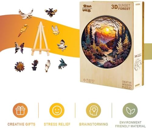 Wooden Puzzles for Adults - Unique Animal Shaped Sunset Forest Puzzle, 3D Vision Wooden Jigsaw Puzzle, Christmas Birthday Gifts for Friends/Family, Home Decor 8.5 * 8.5in 100pcs