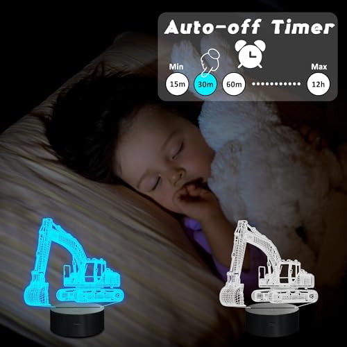 Excavator 3D Night Light, 3D LED Optical Illusion Lamp with Remote Control and Timer, Perfect Christmas and Birthday Gift Idea for Boys, Kids, and Teens