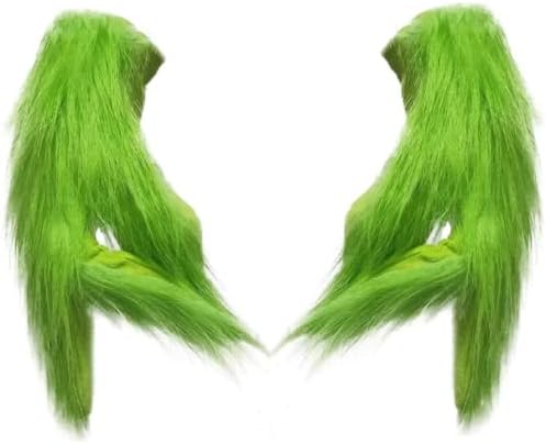 Green Furry Plush Gloves Adults and Kids, Christmas Santa Cosplay Costume Mask Props Green Hands Gloves