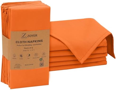 Zoyer Cloth Napkins Set of 4, 18x18 Inches Cotton Enrich Napkins Cloth ‎Washable, Soft & Durable Dinner Napkins for Parties, Wedding, Christmas, ‎Thanksgiving & Everyday Use - Orange