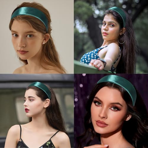 1.5 Inch Dark Green Headband for Women Non Slip, Satin Slik Headband Fashion Plain DIY Head Band Wide Hair Band for Girls Gift Holiday Hair Accessories Christmas