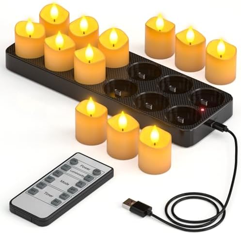 Yme Rechargeable Tea Lights Candles with Charger Storage Base, 12 Pack Battery Operated LED Flameless Votive Candles with Remote Timer for General Fireplace Halloween Pumpkins Christmas Party Decor
