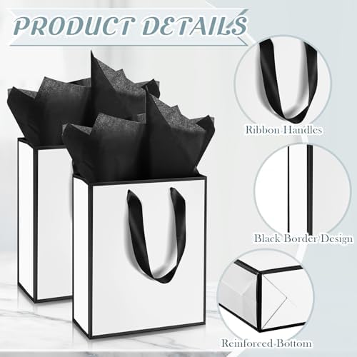 Yeaqee 50 Pack Metallic Gift Bags with Handle and Tissue Paper Gold Foil Thank You Bag for Wedding Christmas 5 Senses Gifts Birthday Holiday Party Hotel, Favors 9x7x3.15''(White Black)