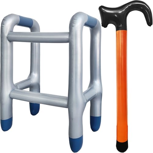 2 Pcs Inflatable Walker and Cane,Fake Cane Blow Up Toy,Funny Old Age Costume Prop for Retirement Party Decorations Gag Gift,100th Day of School,Christmas,Halloween