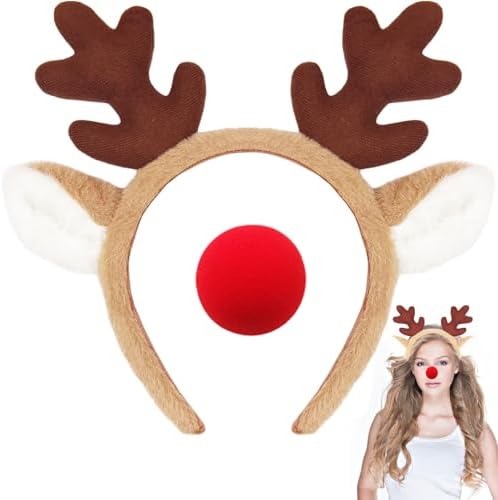 2 PCS Reindeer Antlers Headband with Red Nose,Deer Antlers Headband,Fluffy Animal Deer Ears Hairband,Party Cosplay Costume Washing for Christmas Halloween