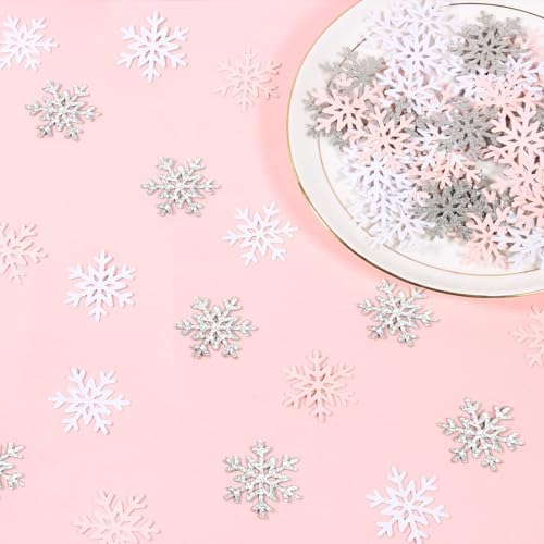 200PC White Pink Silver Snowflake Confetti for Winter Wonderland Decorations Small Snowflakes Table Scatter for Winter Onederland Christmas Birthday Baby Shower Party Table Decor Supplies