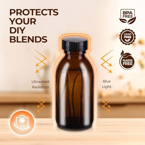 4 oz Boston Glass Bottle with Cap, Empty Glass Bottles for Homemade Vanilla Extract, Essential Oils, Juice, Potion, Syrup, Liquids, Christmas, Holiday Gift (Brown 4 Pack)