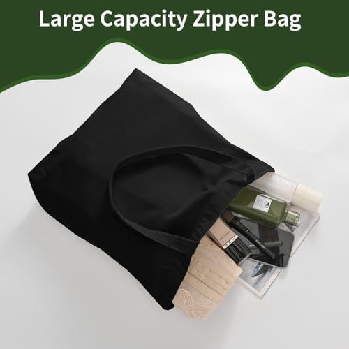 10 Pack Black Canvas Tote Bag with Zipper, OLSUNOR Reusable Grocery Bags with Long Handle, DIY Heat Transfer Sublimation Blanks Shopping Bags for Advertising, Birthday, Halloween, Christmas Craft Bags