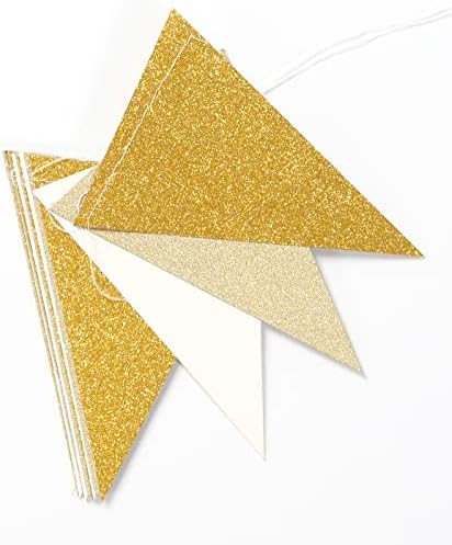 White-Gold Champagne Party-Decorations Banner,2 Pack Christmas Wedding Engagement Hanging Paper Triangle Pennant Flags Streamers,Bachelorette Neutral Baby Bridal Shower Supplies Decor Lasting Surprise